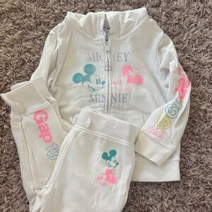 GAP Cream Hoodie and Pants Set with Mickey & Minnie Graphics